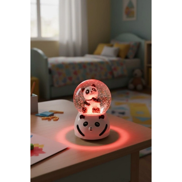 Pilli Işıklı Müzikli Kar Küresi–Sevimli Panda Figürlü Eğlenceli Masaüstü Biblo, LED Aydınlatmalı Dekoratif Hediyelik Kar Küresi