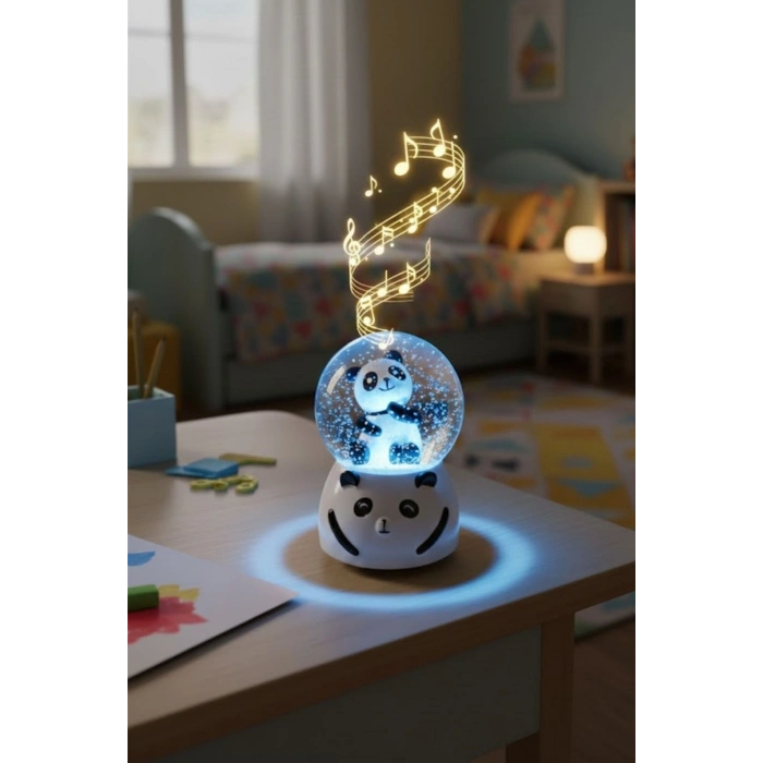 Pilli Işıklı Müzikli Kar Küresi–Sevimli Panda Figürlü Eğlenceli Masaüstü Biblo, LED Aydınlatmalı Dekoratif Hediyelik Kar Küresi