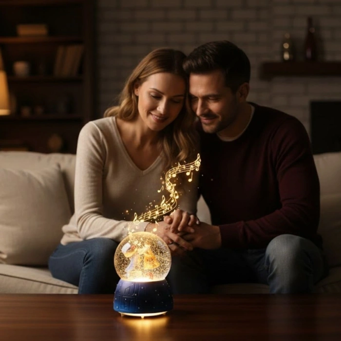 Pilli Işıklı Müzikli Kar Küresi–Valizli Sevgili Çift Figürlü Eğlenceli Masaüstü Biblo, LED Aydınlatmalı Dekoratif Hediyelik Kar Küresi (5365)