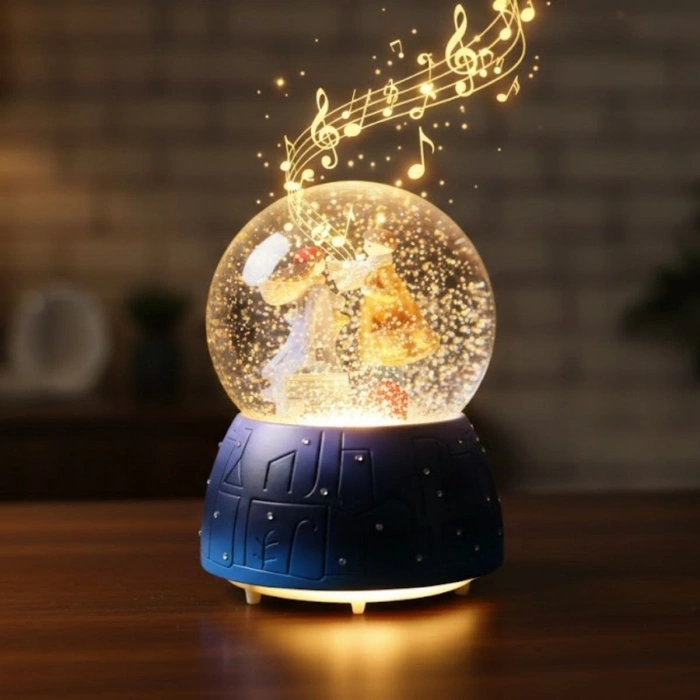 Pilli Işıklı Müzikli Kar Küresi–Valizli Sevgili Çift Figürlü Eğlenceli Masaüstü Biblo, LED Aydınlatmalı Dekoratif Hediyelik Kar Küresi (5365)