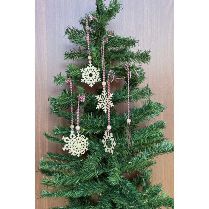 Pilli Peri Ledli 6 Parça Kırmızı Beyaz İpli Kar Tanesi Model Ahşap Yılbaşı Ağaç Süsü (5365)