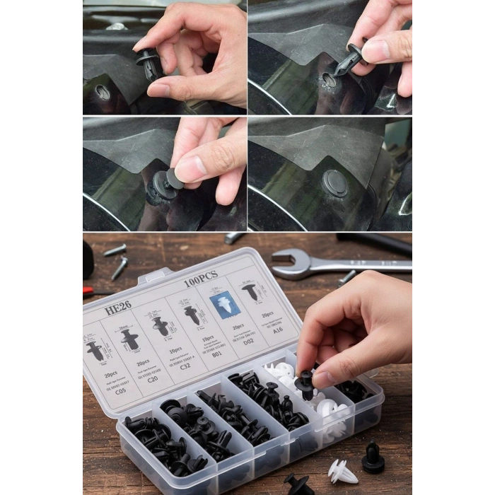 Plastik Bağlantı Elemanları Seti 100 Parça – Oto Kaplama Klipsi, Tampon ve Trim Sabitleme Perçinleri, Çok Amaçlı Klips Seti