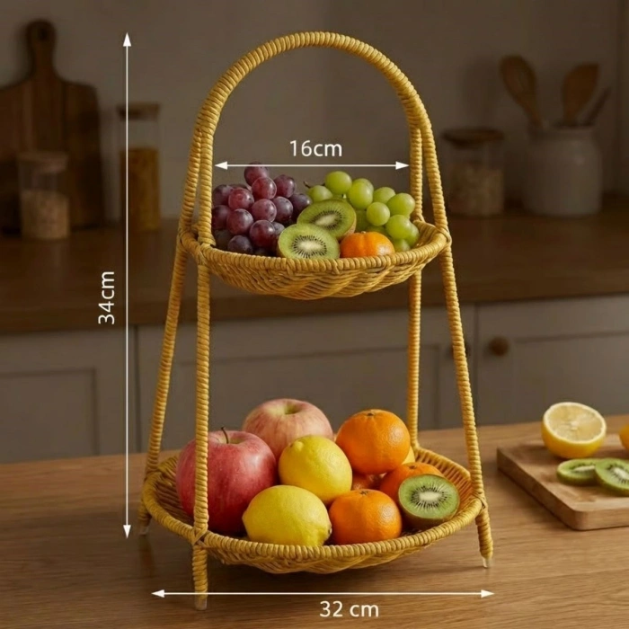 Plastik Rattan İki Katlı Sunumluk–Dekoratif Organizer, Mutfak Meyve,Sebze Sepeti, Banyo Düzenleyici Raf,Masaüstü Çok Amaçlı Sunum Standı (5365)