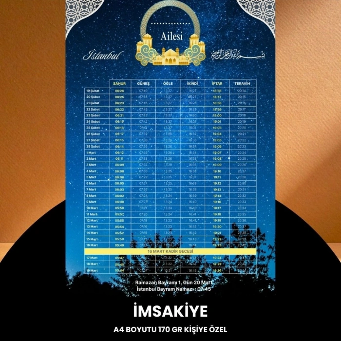 Ramazan İmsakiyesi - 170 Gr - A4 Boyut Kişiye Özel İsimli & Logolu 100 Adet Gökyüzü