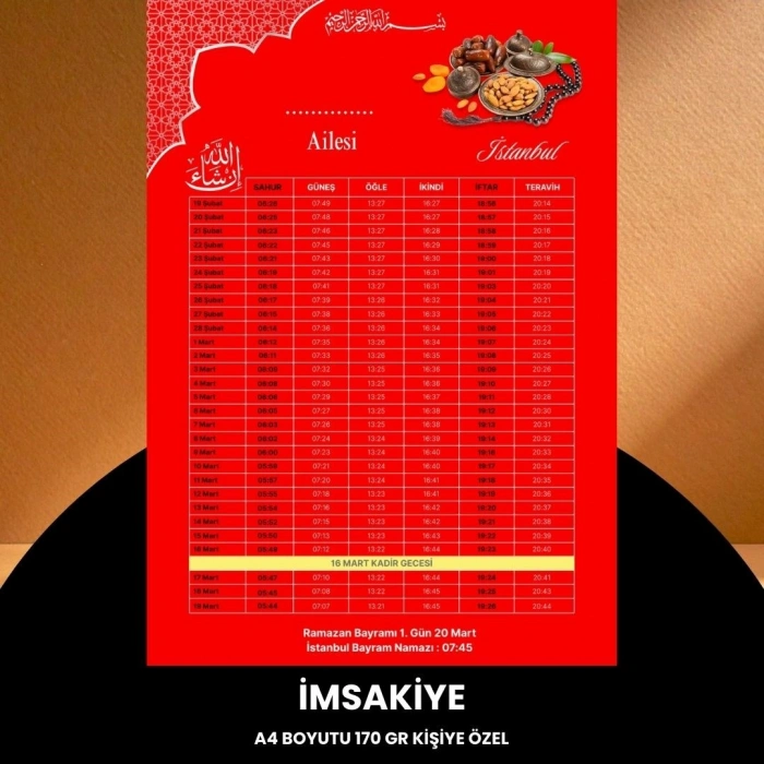 Ramazan İmsakiyesi - 170 Gr - A4 Boyut Kişiye Özel İsimli & Logolu 100 Adet Kırmızı