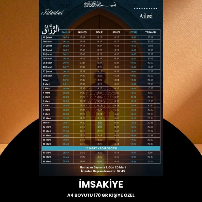 Ramazan İmsakiyesi - 170 Gr - A4 Boyut Kişiye Özel İsimli & Logolu 100 Adet Lacivert