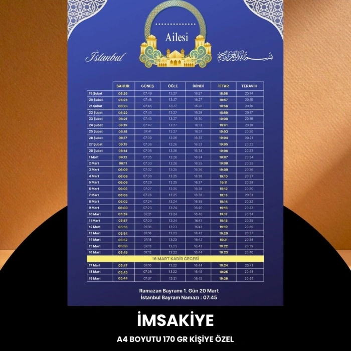 Ramazan İmsakiyesi - 170 Gr - A4 Boyut Kişiye Özel İsimli & Logolu 100 Adet Mor