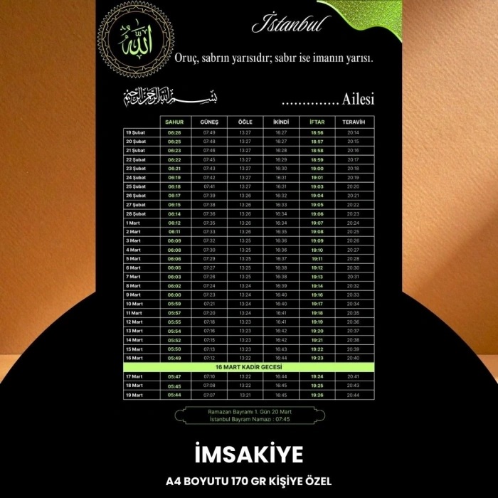 Ramazan İmsakiyesi - 170 Gr - A4 Boyut Kişiye Özel İsimli & Logolu 100 Adet Siyah-yeşil