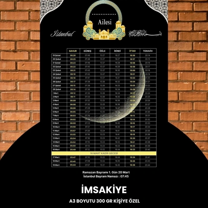 Ramazan İmsakiyesi - 300 Gr - A3 Boyut Kişiye Özel İsimli & Logolu 1 Adet Siyah-sarı