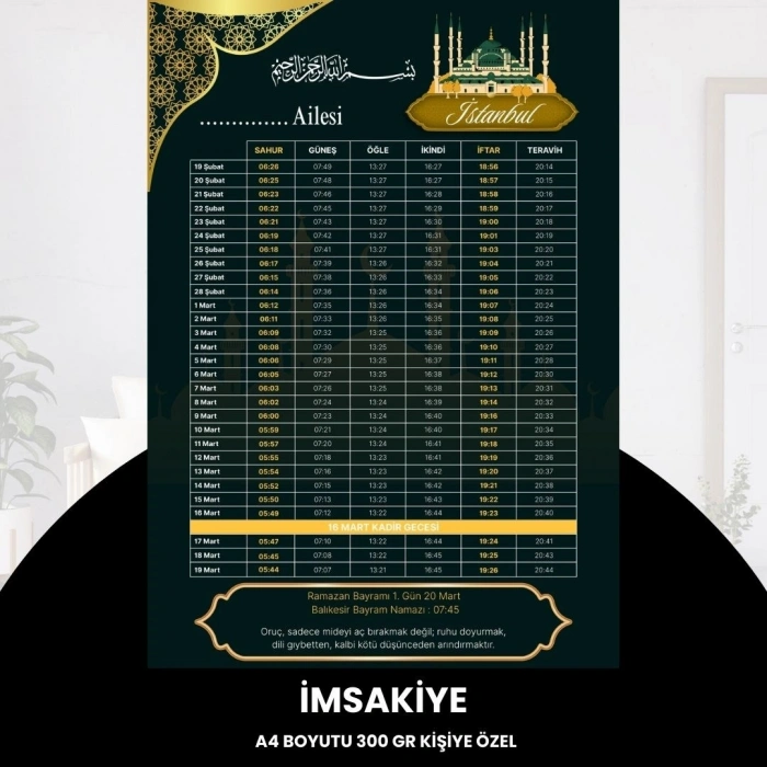 Ramazan İmsakiyesi - 300 Gr - A4 Boyut Kişiye Özel İsimli & Logolu 1 Adet Koyu Yeşil
