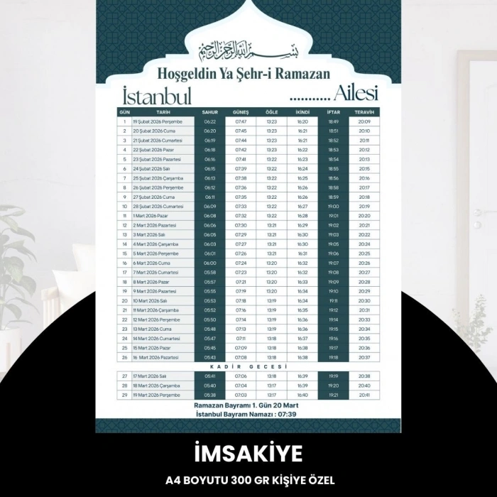 Ramazan İmsakiyesi - 300 Gr - A4 Boyut Kişiye Özel İsimli & Logolu 1 Adet Yeşil