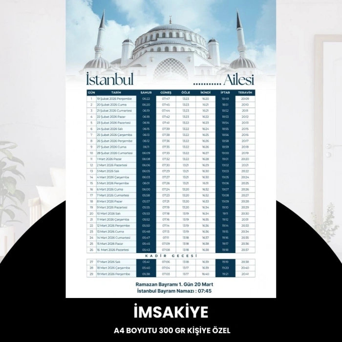 Ramazan İmsakiyesi - 300 Gr - A4 Boyut Kişiye Özel İsimli & Logolu 10 Adet Mavi