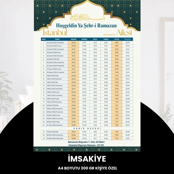 Ramazan İmsakiyesi - 300 Gr - A4 Boyut Kişiye Özel İsimli & Logolu 10 Adet Sarı