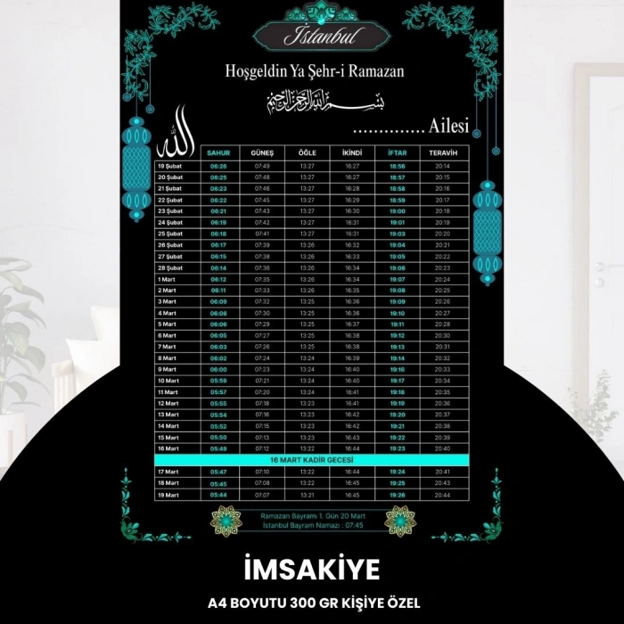 Ramazan İmsakiyesi - 300 Gr - A4 Boyut Kişiye Özel İsimli & Logolu 10 Adet Siyah-mavi