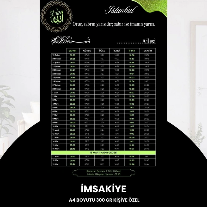 Ramazan İmsakiyesi - 300 Gr - A4 Boyut Kişiye Özel İsimli & Logolu 10 Adet Siyah-yeşil