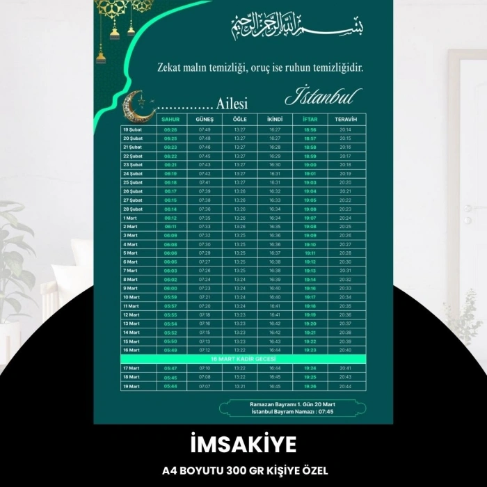 Ramazan İmsakiyesi - 300 Gr - A4 Boyut Kişiye Özel İsimli & Logolu 10 Adet Yeşil-turkuaz