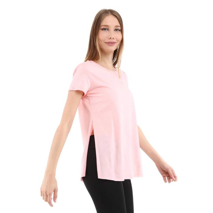 Kadın %100 Pamuk Bisiklet Yaka T-Shirt FUMUS PEMBE