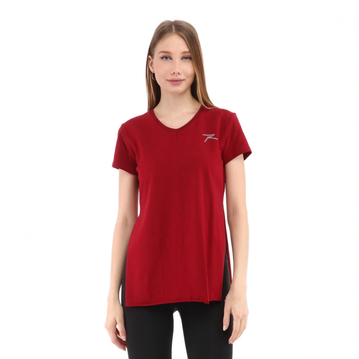 Kadın %100 Pamuk V Yaka T-Shirt FRAGUM BORDO