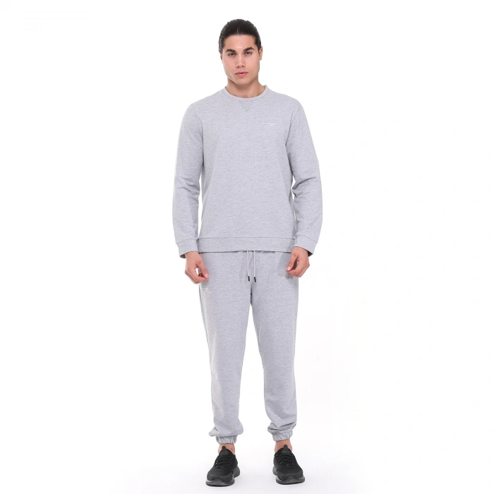 Pamuklu Bisiklet Yaka Basic Sweatshirt PORTA GRİ MELANJ