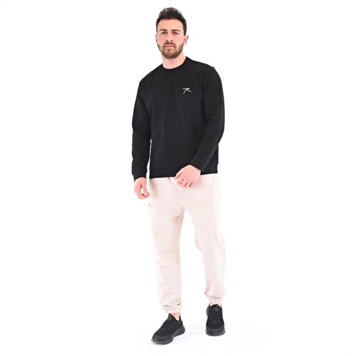 Pamuklu Bisiklet Yaka Basic Sweatshirt PORTA SİYAH