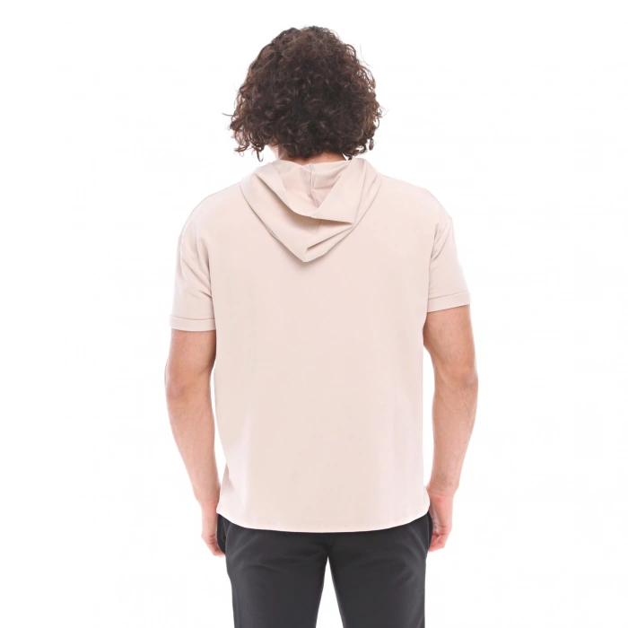 Pamuklu Kapüşonlu Kısa Kollu Sweatshirt OCULUS BEJ