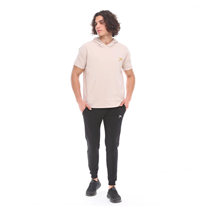 Pamuklu Kapüşonlu Kısa Kollu Sweatshirt OCULUS BEJ