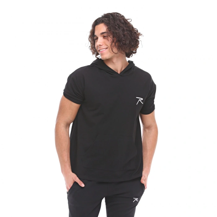 Pamuklu Kapüşonlu Kısa Kollu Sweatshirt OCULUS SİYAH