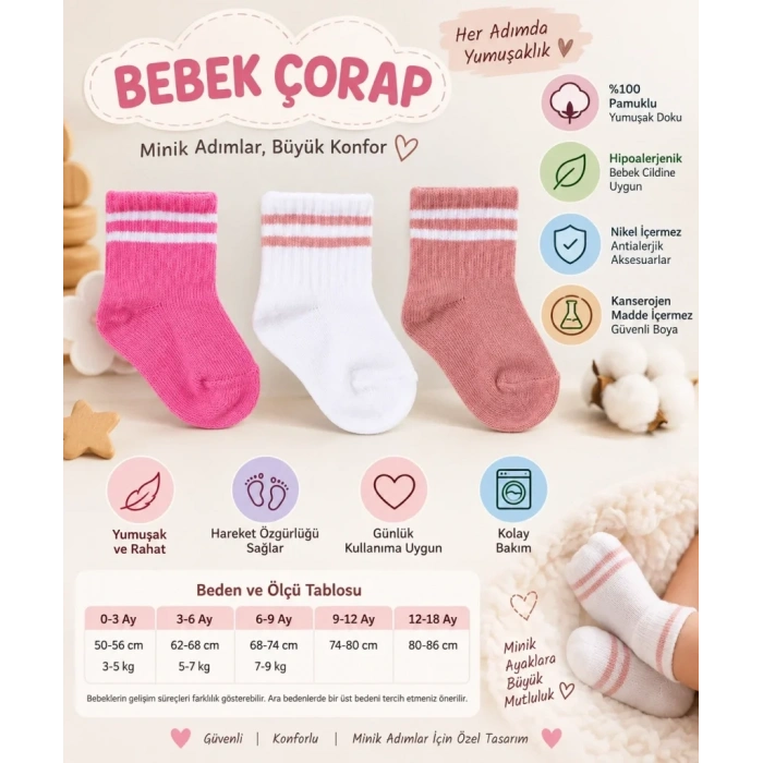 Renkli Bebek Çorap 1 Adet Rose Renkli
