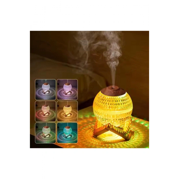 Renkli Kristal Küre Tasarımlı LED Işıklı Hava Nemlendirici – Sessiz Çalışma ve Ahşap Desenli Kapak