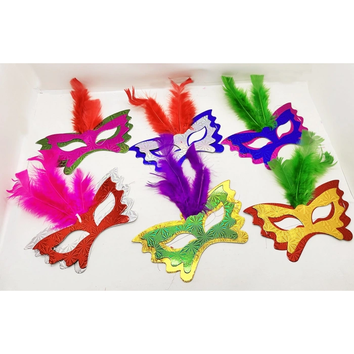 Colorful Party Mask Set of 6 | Feathered Cardboard Mask Set (Elastic) (5365)