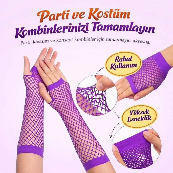 Retro Mor File Parmaksız Eldiven 26 Cm Parti Kostümü