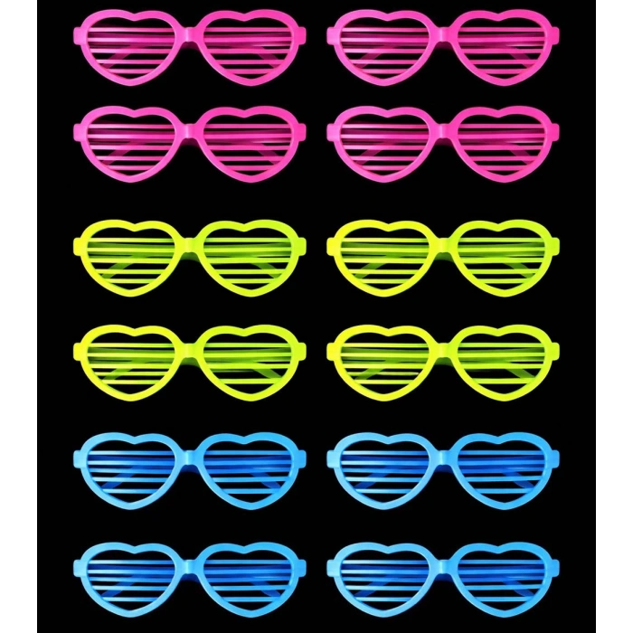 Retro Neon Phosphorescent Heart Shutter Glasses 12 Pieces - 80s 90s Party Style (5365)
