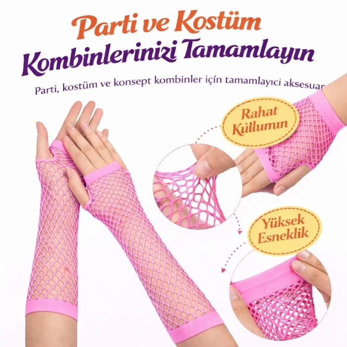 Retro Neon Pembe File Parmaksız Eldiven 26 Cm