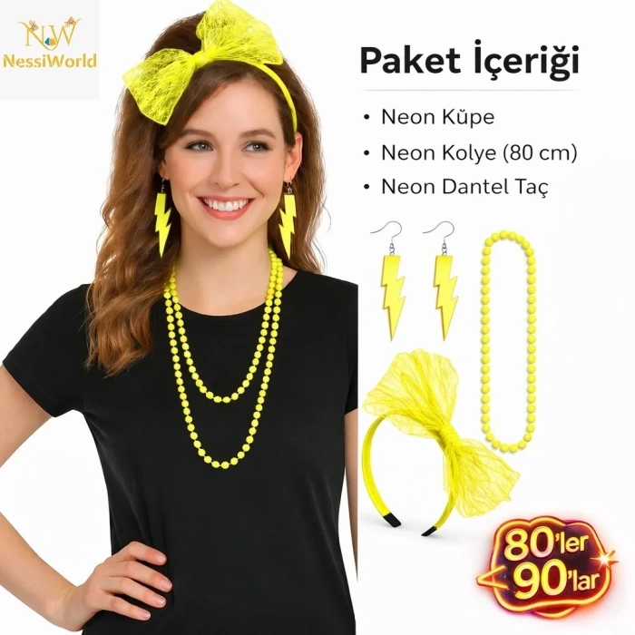 Retro Neon Sarı Parti Seti Kolye Küpe Taç