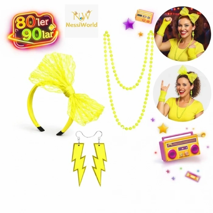 Retro Neon Sarı Parti Seti Kolye Küpe Taç