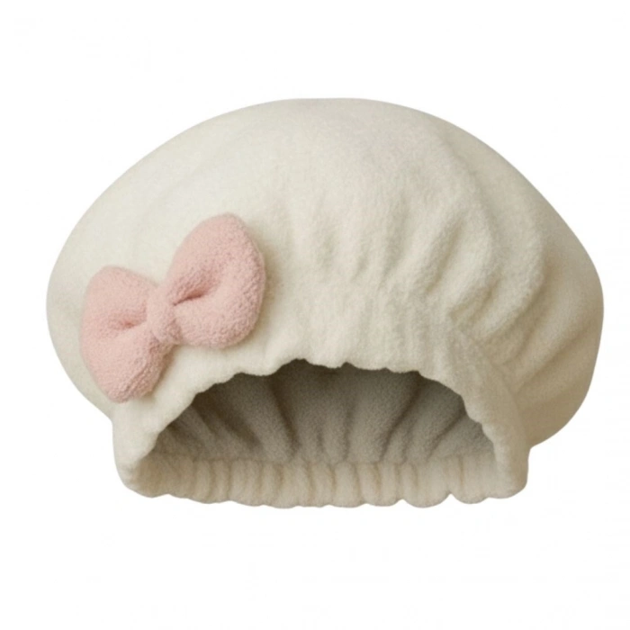 Saç Kurulama Banyo Duş Bonesi – %100 Pamuk , Fiyonklu Beyaz