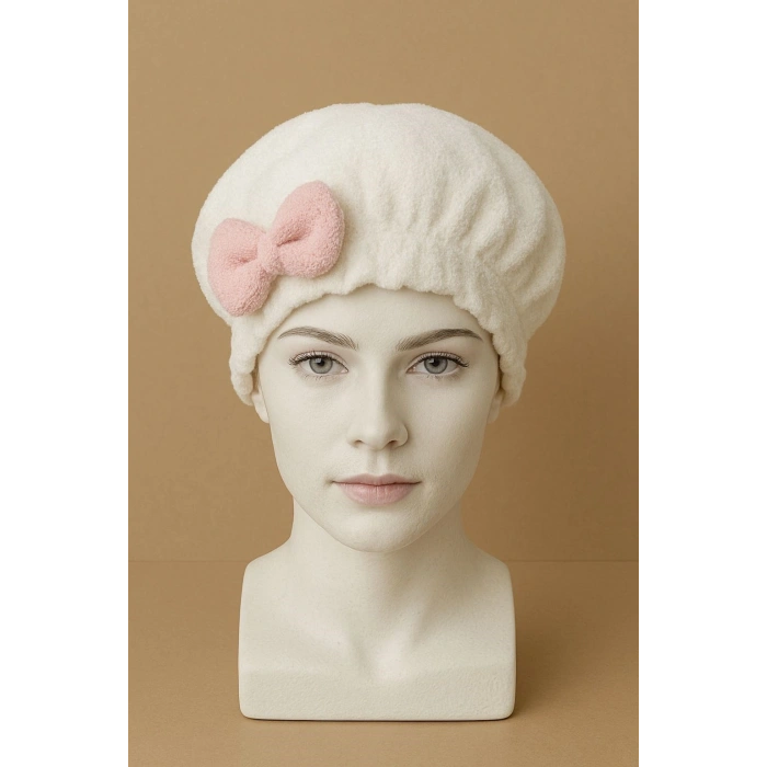 Saç Kurulama Banyo Duş Bonesi – %100 Pamuk , Fiyonklu Beyaz