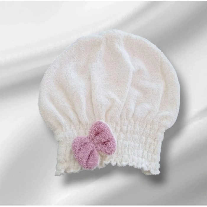 Saç Kurulama Banyo Duş Bonesi – %100 Pamuk , Fiyonklu Beyaz