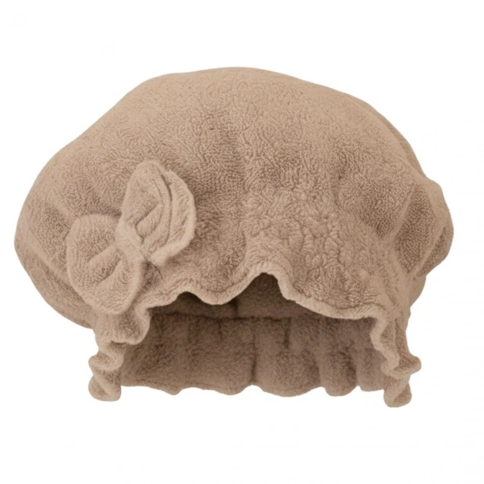 Saç Kurulama Banyo Duş Bonesi – %100 Pamuk , Fiyonklu Kahverengi