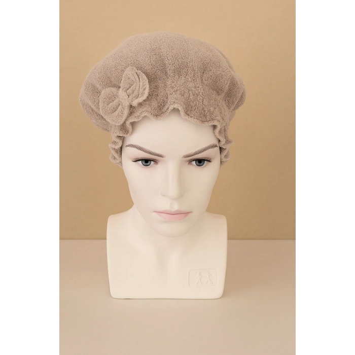 Saç Kurulama Banyo Duş Bonesi – %100 Pamuk , Fiyonklu Kahverengi