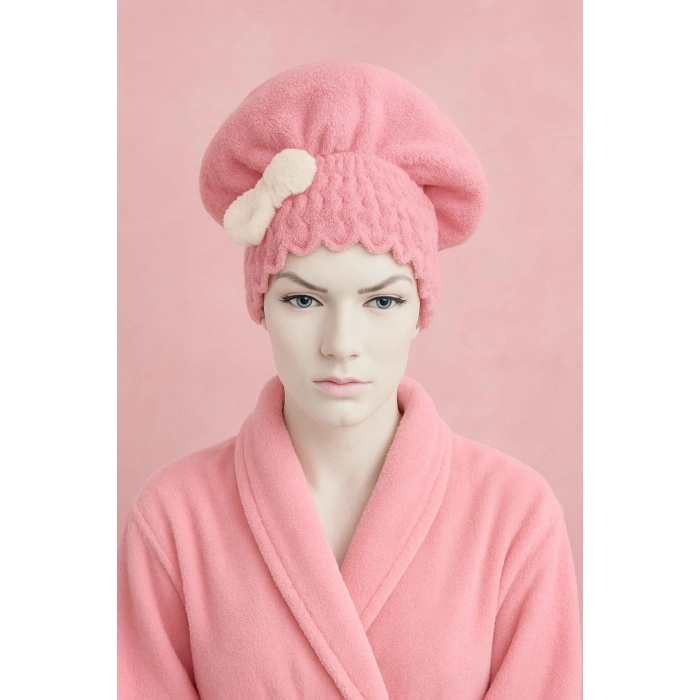 Saç Kurulama Banyo Duş Bonesi – %100 Pamuk , Fiyonklu Pembe