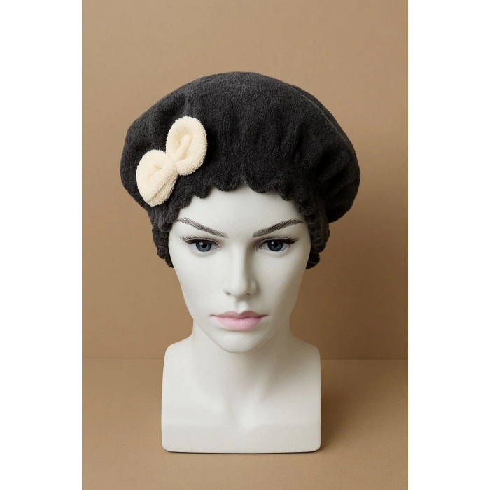 Saç Kurulama Banyo Duş Bonesi – %100 Pamuk , Fiyonklu Siyah