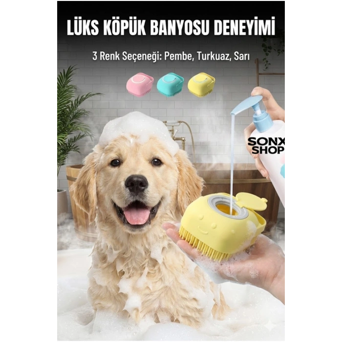 Şampuan Hazneli Kedi Köpek Yıkama Fırçası - Silikon Masaj Tarağı ve Evcil Hayvan Banyo Aparatı
