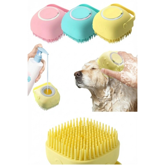 Şampuan Hazneli Kedi Köpek Yıkama Fırçası - Silikon Masaj Tarağı ve Evcil Hayvan Banyo Aparatı