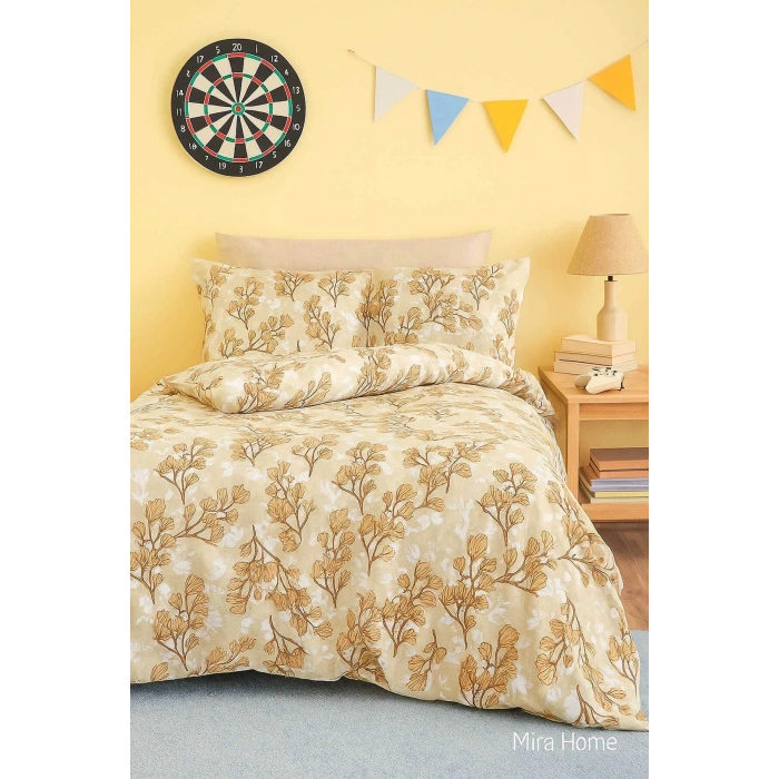 Sarı Yaprak Desenli Pamuklu Tek Kişilik Nevresim Takımı