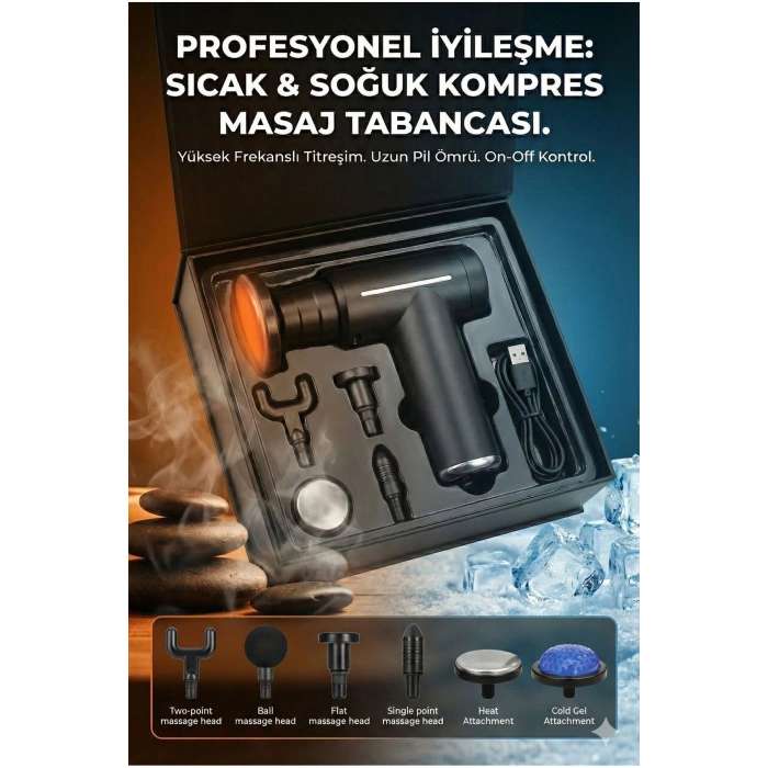 Şarjlı Masaj Tabancası Boyun Sırt ve İçin Sıcak Soğuk Başlıklı Masaj Aleti Sporcu Masaj