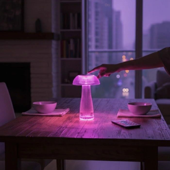 Şeffaf Mantar Model LED Masa Lambası –Kumandalı Şarjlı, Dokunmatik, Rengarek Işık Modlu Dekoratif Gece Lambası (5365)