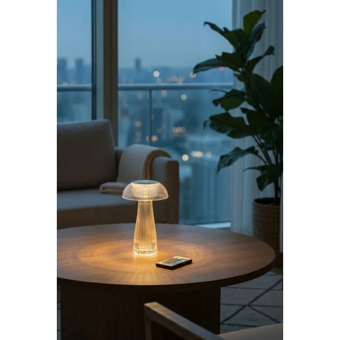 Şeffaf Mantar Model LED Masa Lambası –Kumandalı Şarjlı, Dokunmatik, Rengarek Işık Modlu Dekoratif Gece Lambası (5365)