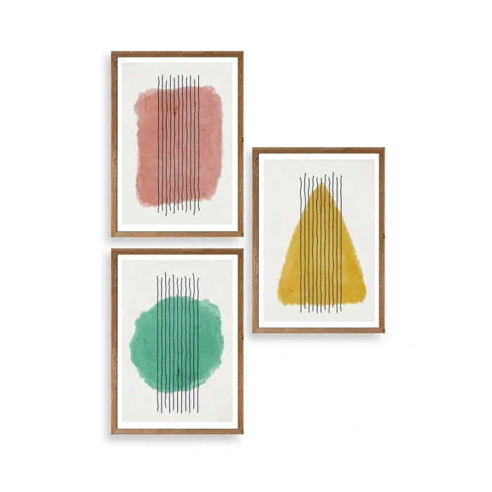 Şekiller Kare Üçgen Üçlü Ahşap Çerçeveli Tablo 17 x 23