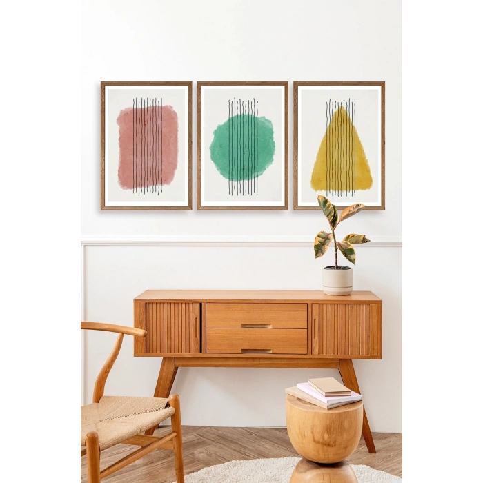 Şekiller Kare Üçgen Üçlü Ahşap Çerçeveli Tablo 17 x 23